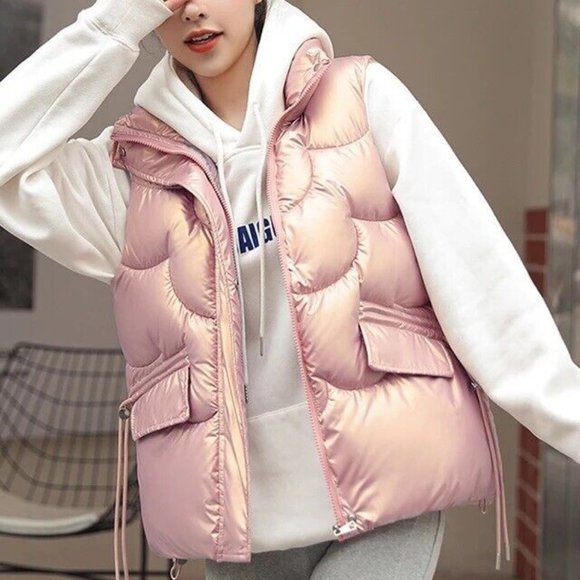 Women Padded Quilted Vest Size XL Bright Pink Turtleneck Full Zipper Drawstring - Picture 1 of 12